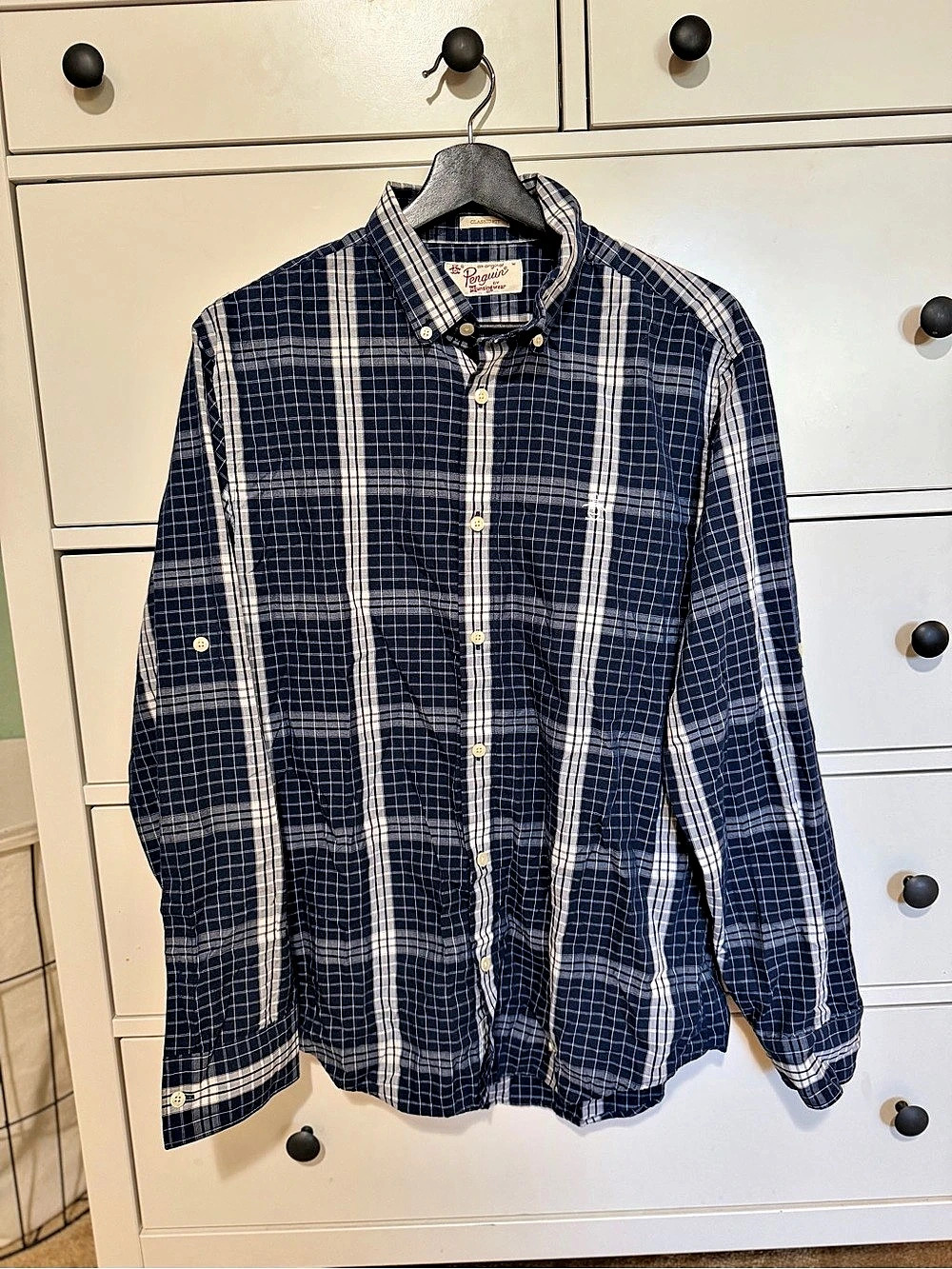 Original Penguin Classic Fit Plaid Button Down in Navy & White, Size Medium - Picture 1 of 7